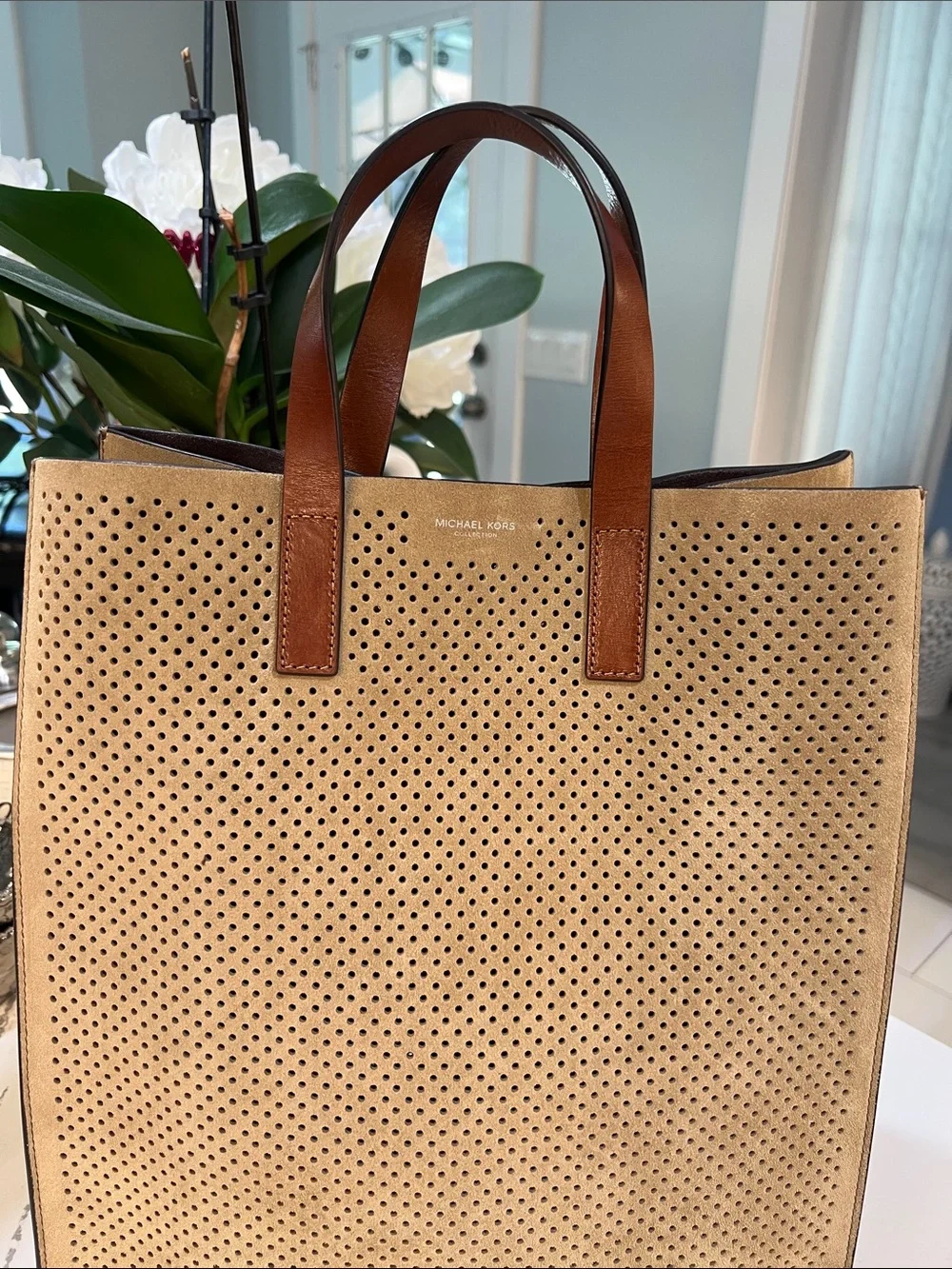 Michael Kors Collection Perforated Suede Tote in Tan with Brown Leather Handles